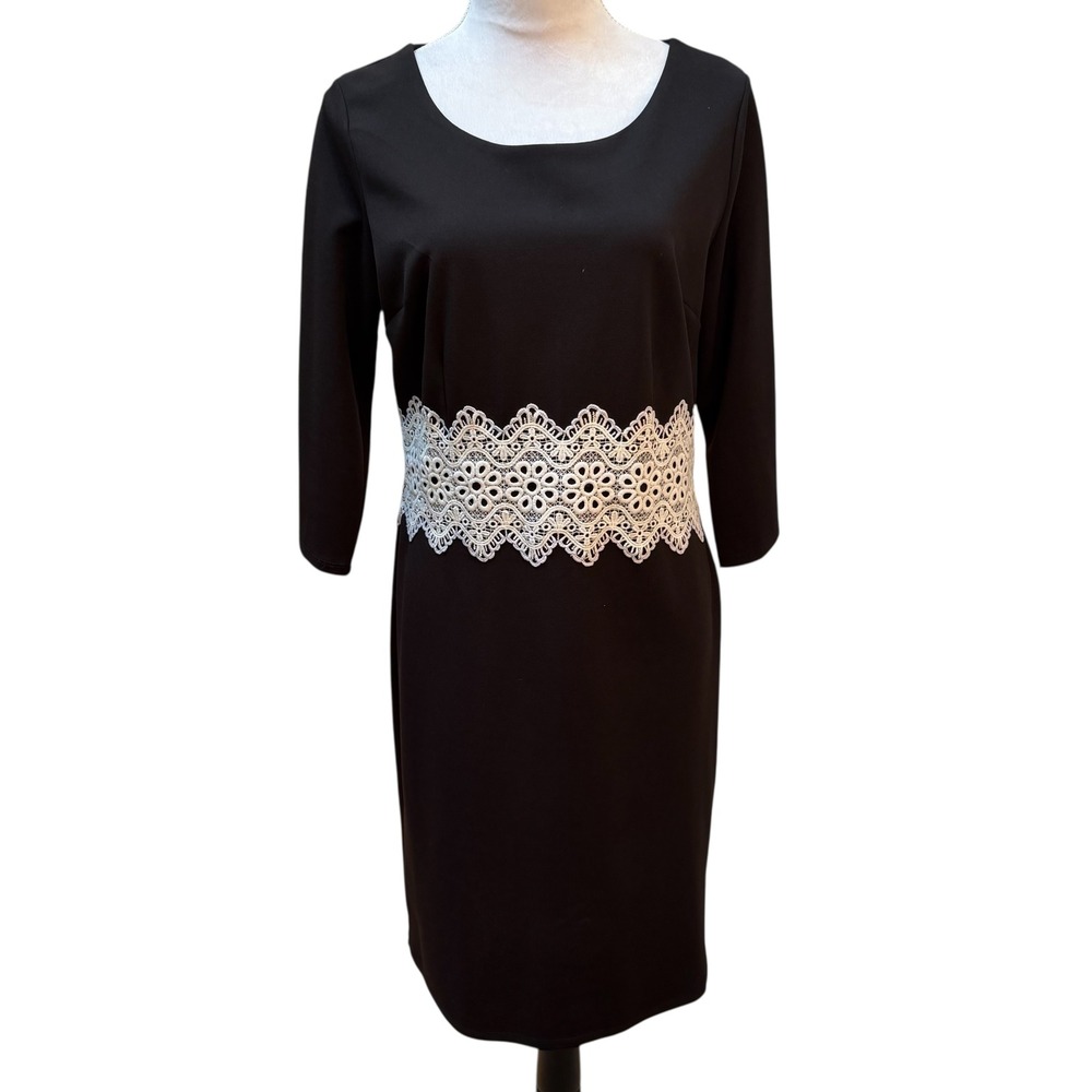 Sami & Jo Womens Black‎ Sheath Dress White Lace Waist 3/4 Sleeve Size 10